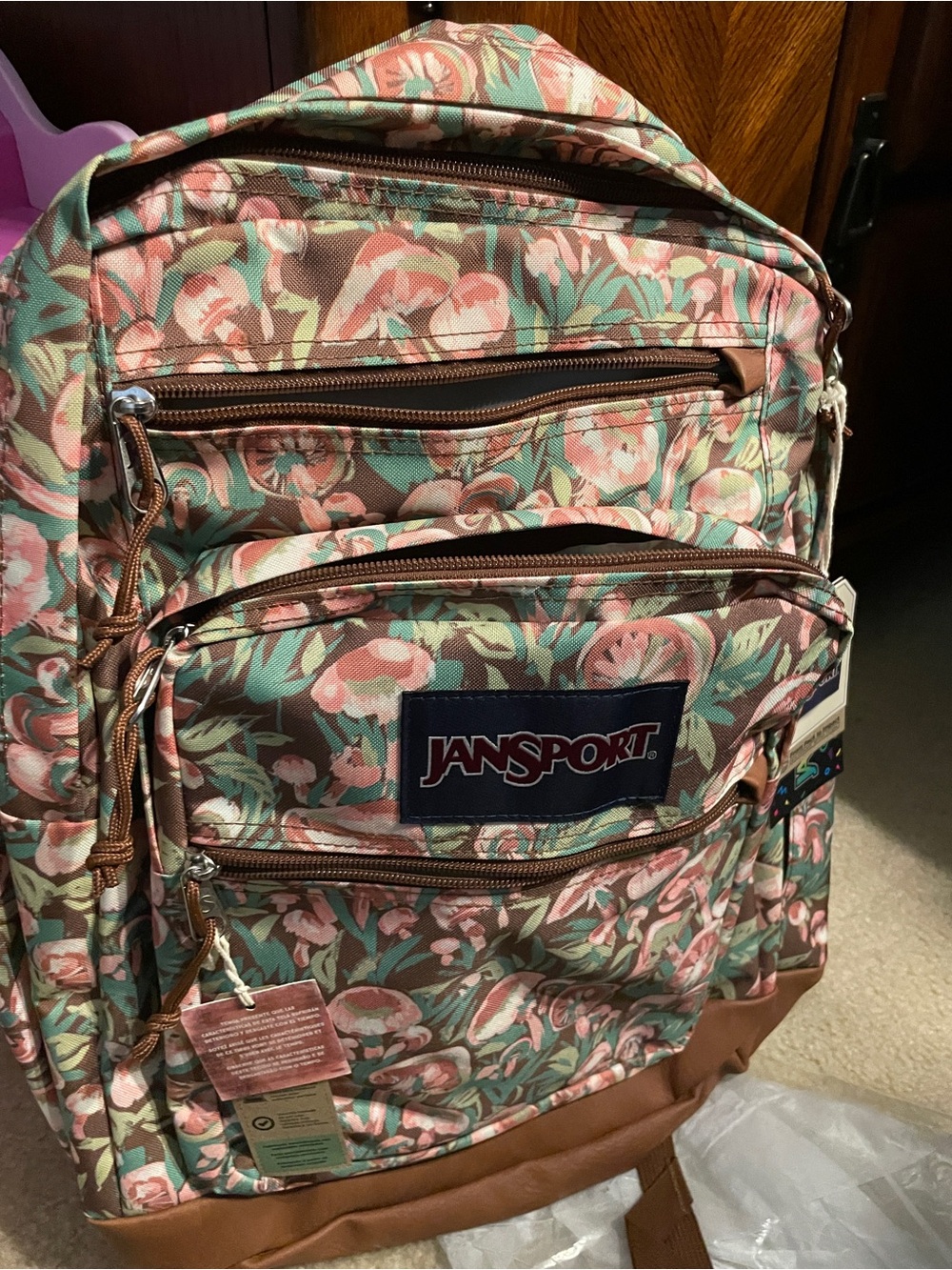 Jansport Peach and Mint Floral Backpack with Brown Trim